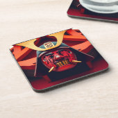 Rode anime-samurai-masker bier onderzetter (Linkerzijde)