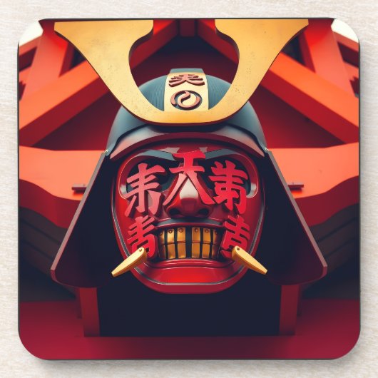 Rode anime-samurai-masker bier onderzetter (Voorkant)
