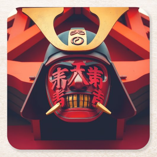 Rode anime-samurai-masker kartonnen onderzetters (Voorkant)