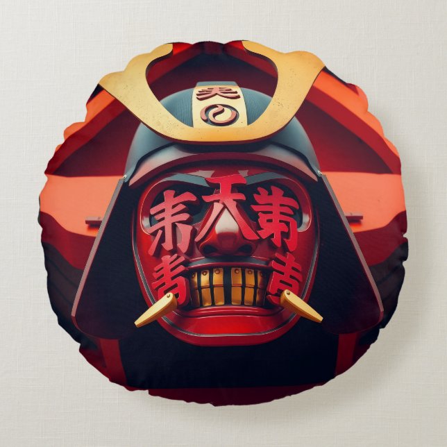Rode anime-samurai-masker rond kussen (Voorkant)