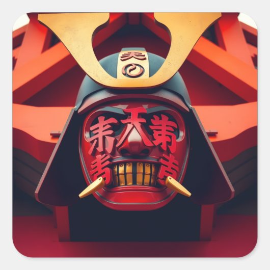 Rode anime-samurai-masker vierkante sticker (Voorkant)