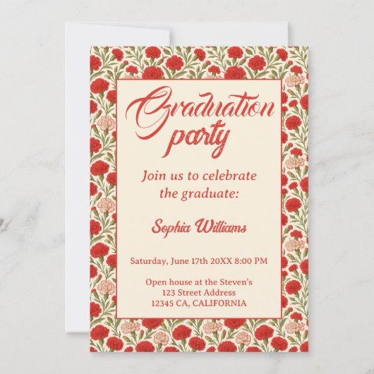 Rode Anjer Bloemen Afstuderen Uitnodiging (Voorkant)