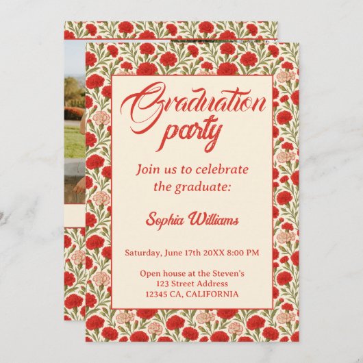 Rode Anjer Bloemen Afstuderen Uitnodiging (Voorkant / Achterkant)