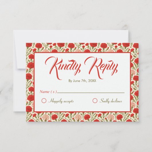  rode anjer bloemen bruiloft RSVP kaartje (Voorkant)