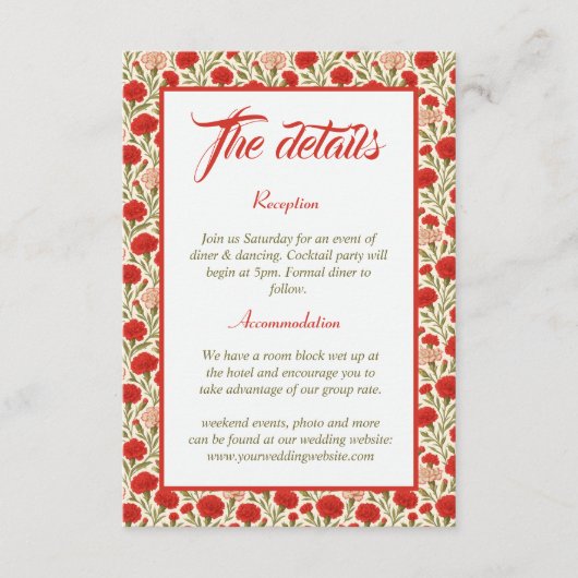  Rode Anjer Bloemen Trouwdetails Informatiekaartje (Voorkant)