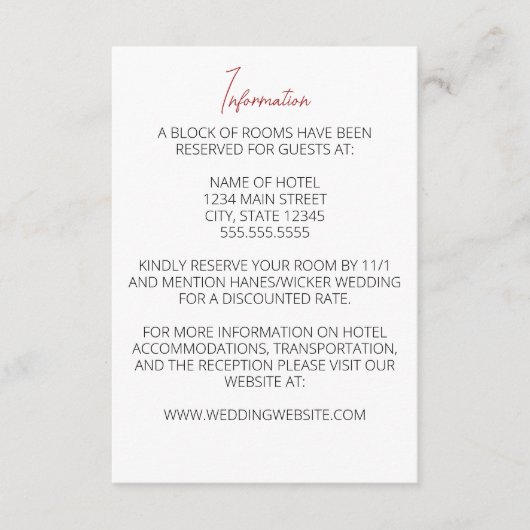 Rode anjer minimalistische bruiloft informatiekaartje (Voorkant)