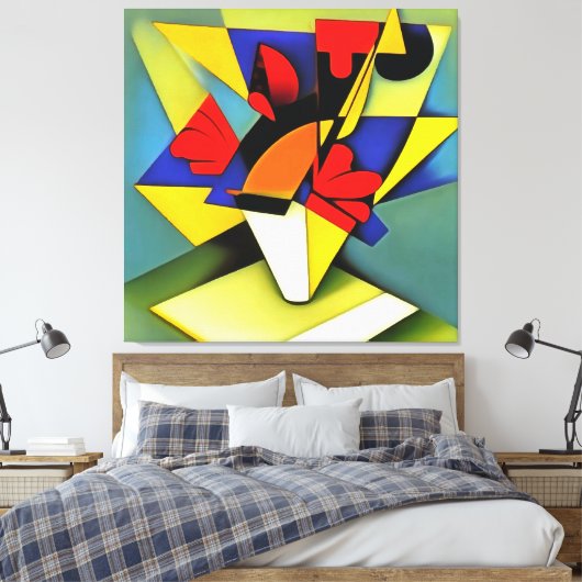 Rode anjers in een Abstracte vaas met geometrische Canvas Afdruk (Insitu (Slaapkamer))