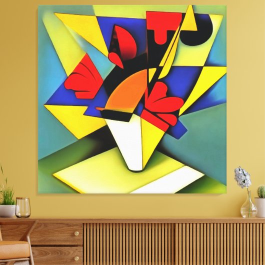 Rode anjers in een Abstracte vaas met geometrische Canvas Afdruk (Insitu (Woonkamer))