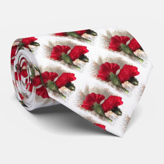 Rode anjers op Brocade Stropdas (Opgerold)
