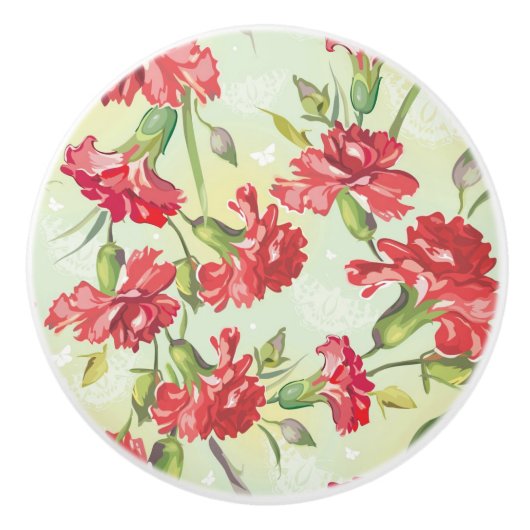 Rode anjers op groen met vlinders keramische knop (Voorkant)