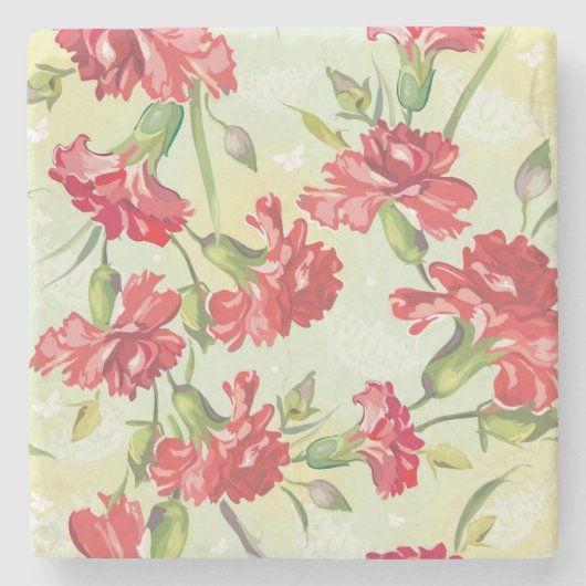 Rode anjers op groen met vlinders stenen onderzetter (Voorkant)