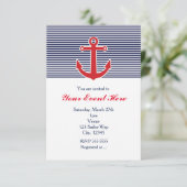 Rode Anker Nautisch Blauw & Witte Streep Uitnodigi Kaart (Staand voorkant)