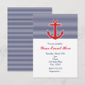 Rode Anker Nautisch Blauw & Witte Streep Uitnodigi Kaart (Voorkant / Achterkant)
