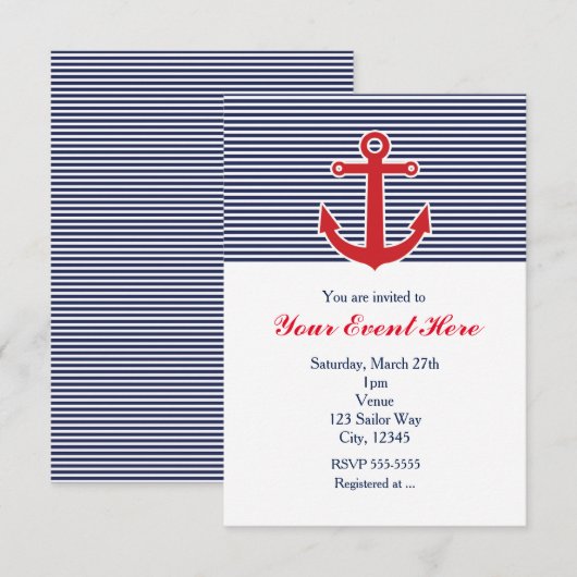 Rode Anker Nautisch Blauw & Witte Streep Uitnodigi Kaart (Voorkant / Achterkant)