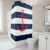 Rode anker op blauwe strepen douchegordijn (In situ)