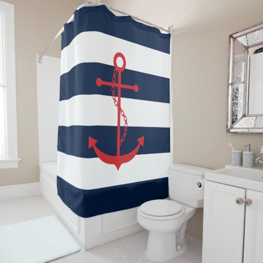 Rode anker op blauwe strepen douchegordijn (In situ)