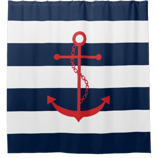 Rode anker op blauwe strepen douchegordijn (Voorkant)