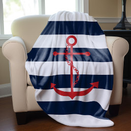 Rode anker op blauwe strepen fleece deken