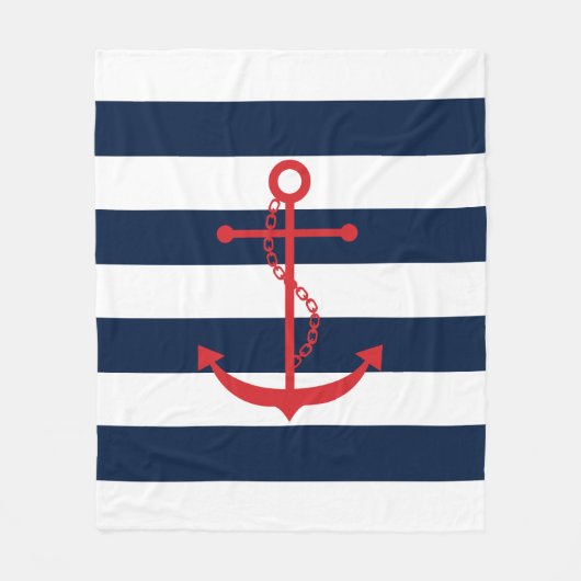 Rode anker op blauwe strepen fleece deken (Voorkant)