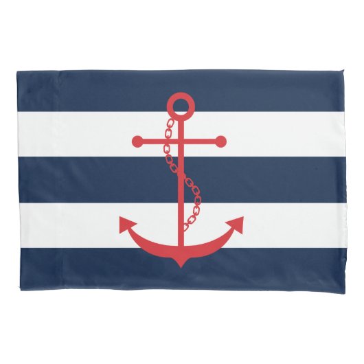 Rode anker op blauwe strepen kussensloop (Voorkant)