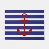Rode anker op Nautical Blue en White Stripes Deurmat (Voorkant)