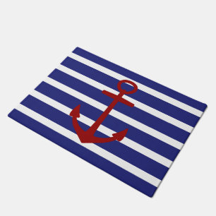 Rode anker op Nautical Blue en White Stripes Deurmat