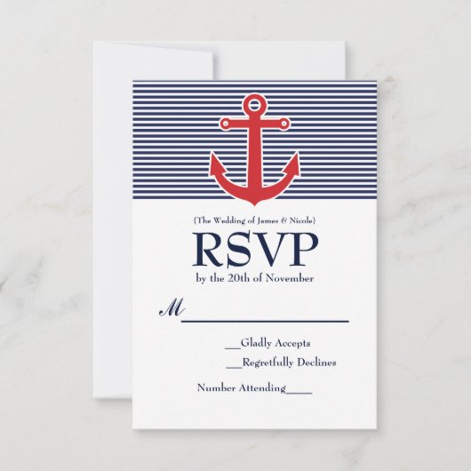 Rode Anker Zeevaart Gestreepte RSVP-reactiekaart RSVP Kaartje (Voorkant)