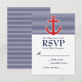Rode Anker Zeevaart Gestreepte RSVP-reactiekaart RSVP Kaartje (Voorkant / Achterkant)