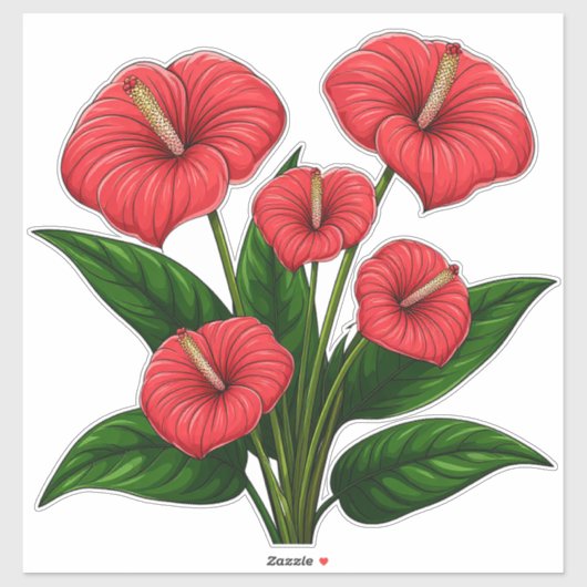 Rode Anthurium Bloemen met Groene Bladeren Sticker (Vel)