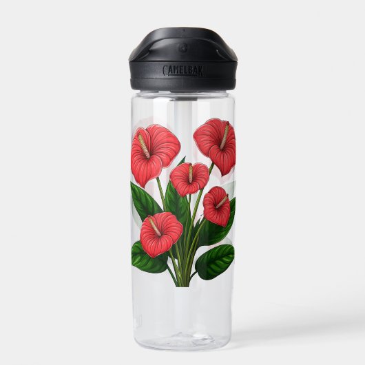 Rode Anthurium Bloemen met Groene Bladeren Waterfles (Achterkant)