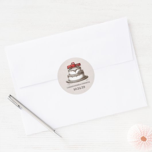 Rode antieke vrachtwagen ronde sticker (Envelop)