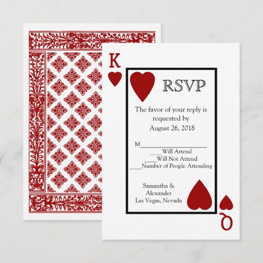 Rode antwoordkaart met speelkaart-thema RSVP kaartje (Voorkant / Achterkant)