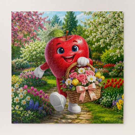 Rode appel in de bloementuin legpuzzel (Verticaal)