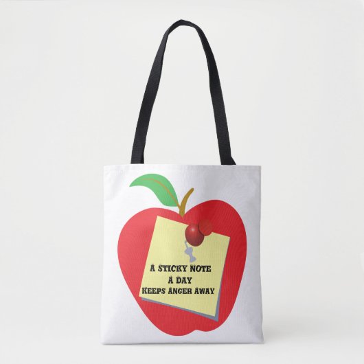 Rode appel met gele plakbriefje tote bag (Voorkant)