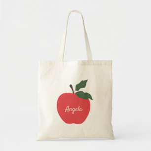 Rode appel past naam aan tote bag