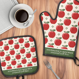 Rode Appel Patroon Gepersonaliseerde Naam Ovenwant & Pannenlap Set