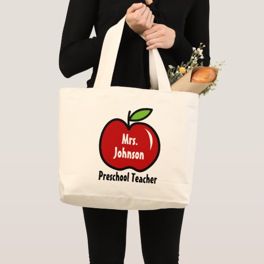 Rode appel schooljuf tas met eigen naam (Voorkant (product))