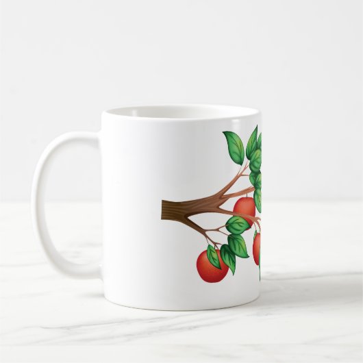 Rode appelboomtak vers fruit en groene bladeren koffiemok (Links)