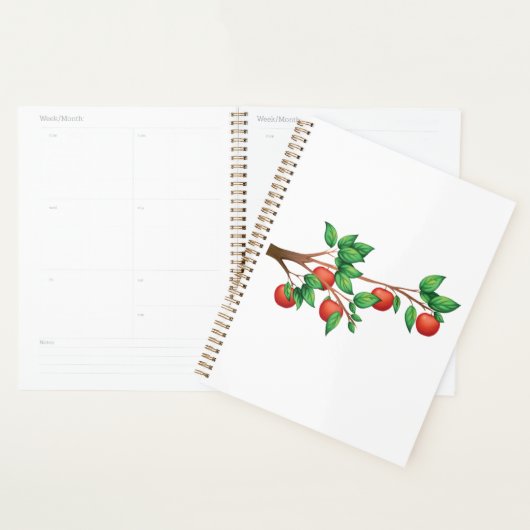 Rode appelboomtak vers fruit en groene bladeren planner (Display)