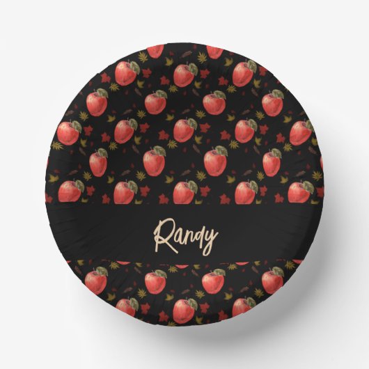 Rode appelen en zwarte bladeren papieren kommen (Voorkant)