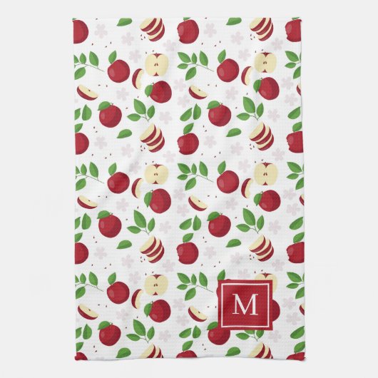 Rode Appels, Bloesems Groen Monogrammed Initiaal Theedoek (Verticaal)