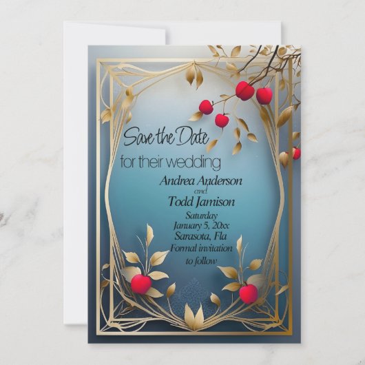Rode appels gouden bladeren bruiloft save the date (Voorkant)
