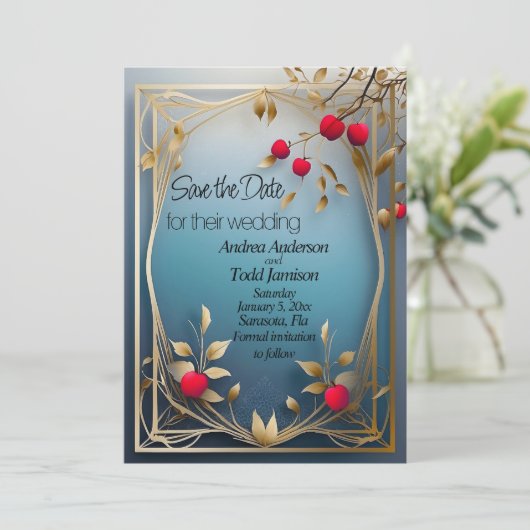 Rode appels gouden bladeren bruiloft save the date (Staand voorkant)