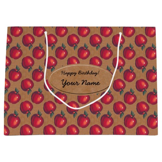 Rode appels op bruine papieren etiketten groot cadeauzakje (Voorkant)