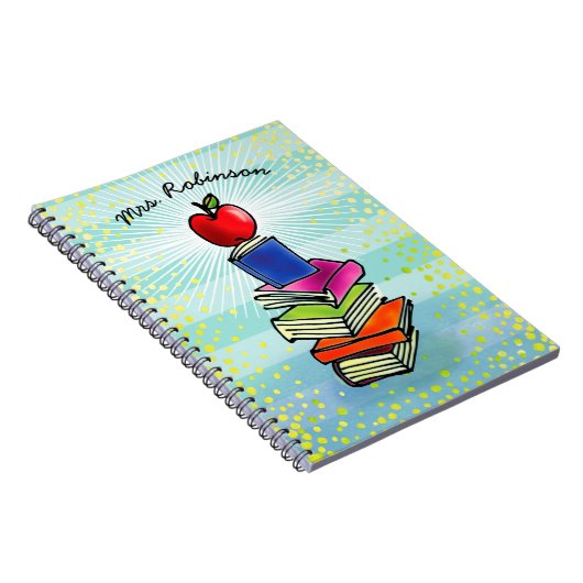 Rode Apple Book Stack Teacher Name Turquoise Strip Notitieboek (Rechterzijde)