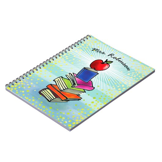 Rode Apple Book Stack Teacher Name Turquoise Strip Notitieboek (Linkerzijde)