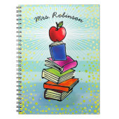 Rode Apple Book Stack Teacher Name Turquoise Strip Notitieboek (Voorkant)