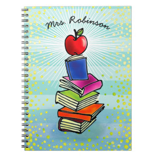 Rode Apple Book Stack Teacher Name Turquoise Strip Notitieboek