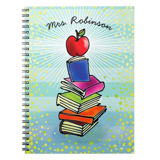 Rode Apple Book Stack Teacher Name Turquoise Strip Notitieboek (Voorkant)