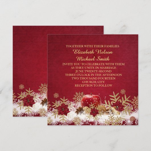 Rode Apple Kerst Goud Sneeuwvlokken Bruiloft Uitno Kaart (Voorkant / Achterkant)